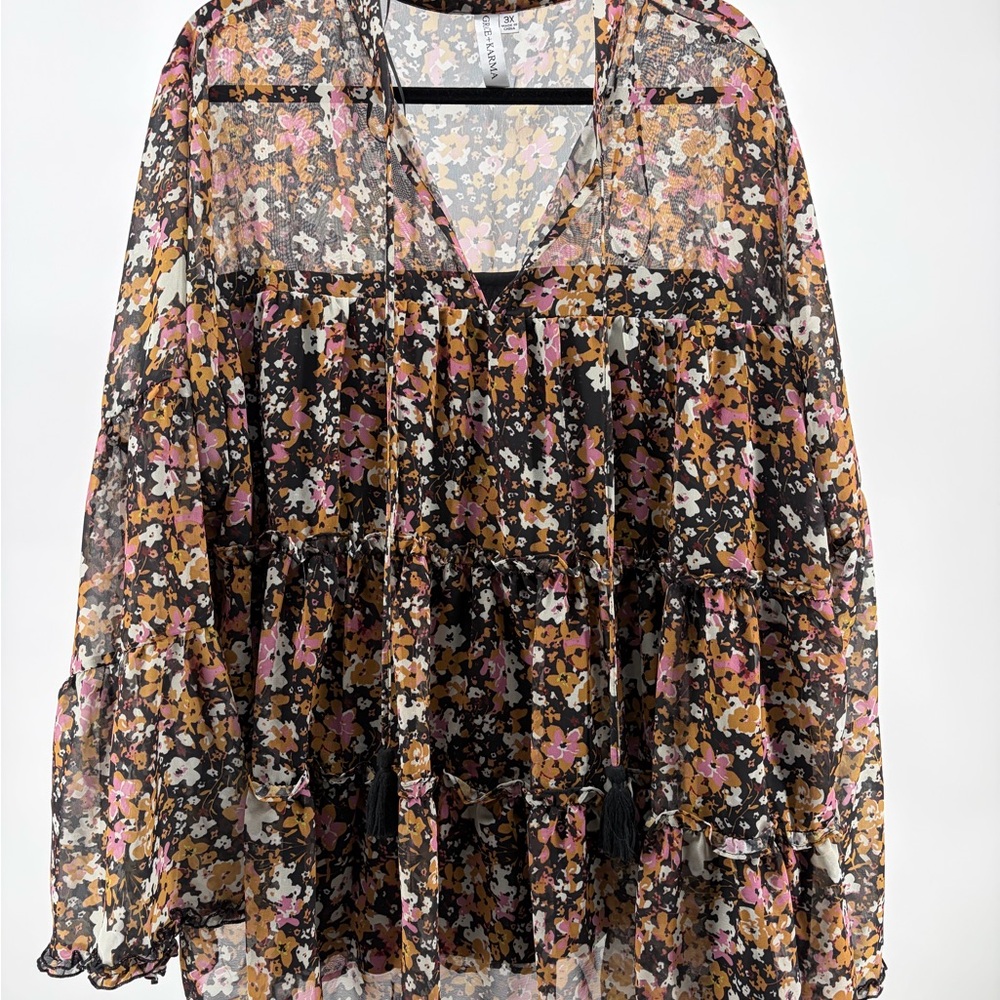 Grace‎ + Karma Women's Floral Ruffles Boxy Blouse Layered Size 3X S020